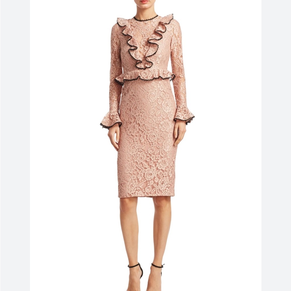 Alexis blush pink lace dress with long sleeves and cuff.  Pencil skirt size xs